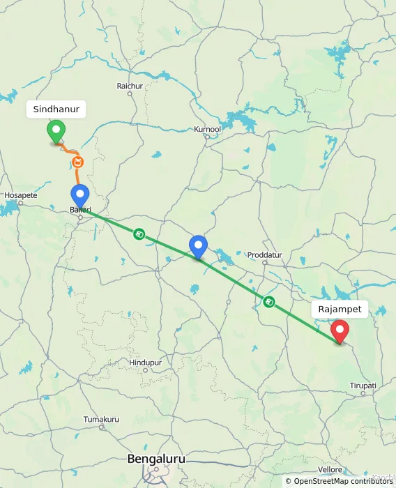 Route map showing distance and travel time from Sindhanur, India to Rajampet, India