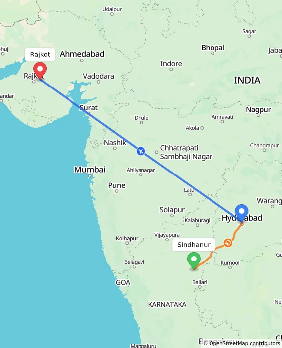 Route map showing distance and travel time from Sindhanur, India to Rajkot, India