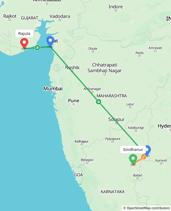 Route map showing distance and travel time from Sindhanur, India to Rajula, India