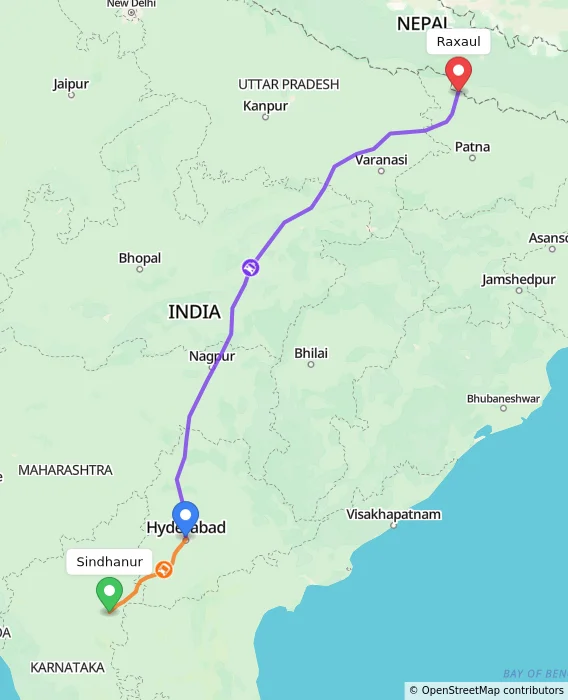 Route map showing distance and travel time from Sindhanur, India to Raxaul, India