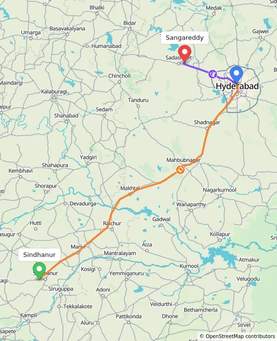 Route map showing distance and travel time from Sindhanur, India to Sangareddy, India