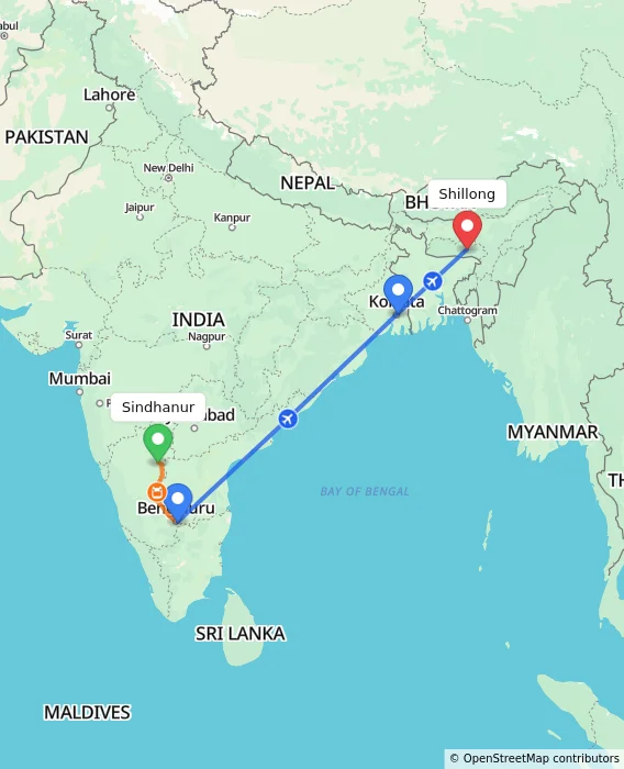 Route map showing distance and travel time from Sindhanur, India to Shillong, India