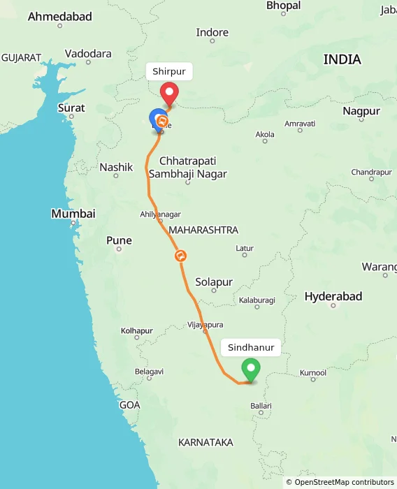 Route map showing distance and travel time from Sindhanur, India to Shirpur, India