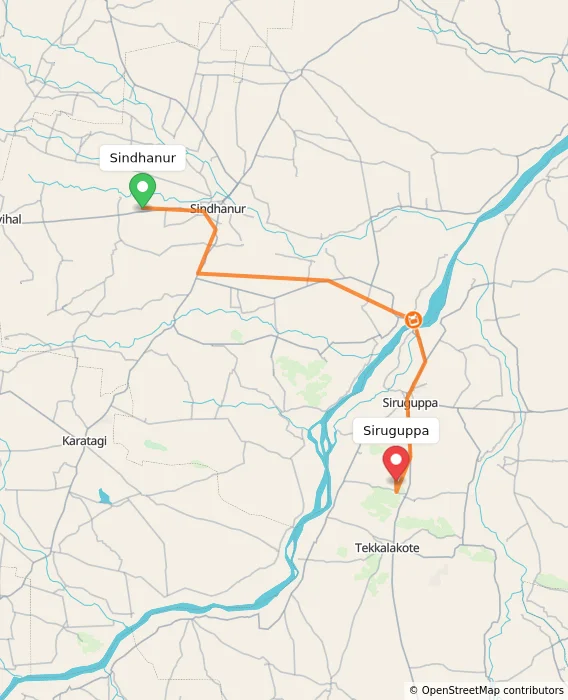 Route map showing distance and travel time from Sindhanur, India to Siruguppa, India