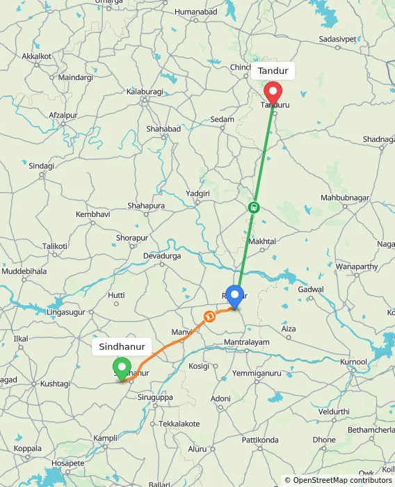 Route map showing distance and travel time from Sindhanur, India to Tandur, India