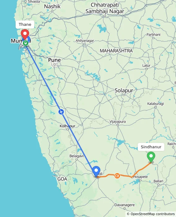 Route map showing distance and travel time from Sindhanur, India to Thane, India