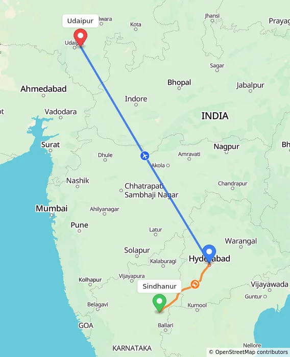 Route map showing distance and travel time from Sindhanur, India to Udaipur, India