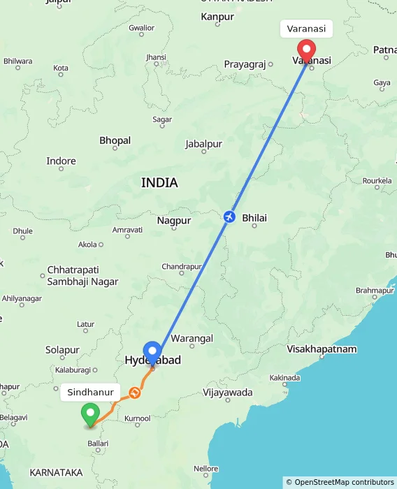 Route map showing distance and travel time from Sindhanur, India to Varanasi, India