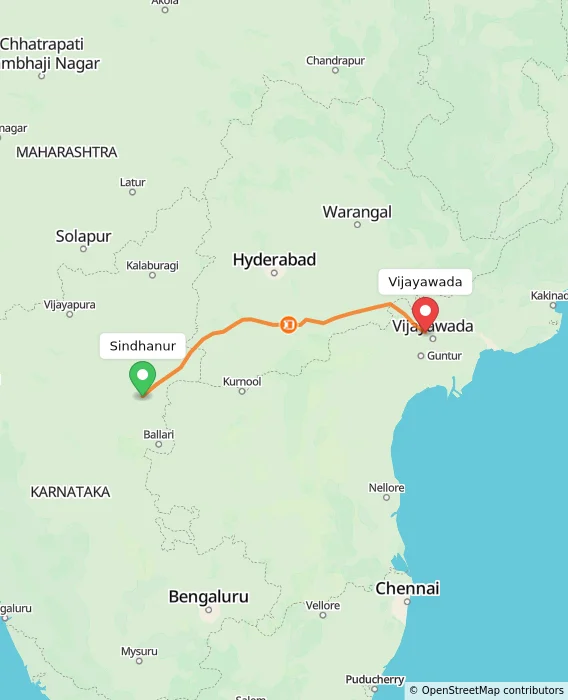 Route map showing distance and travel time from Sindhanur, India to Vijayawada, India