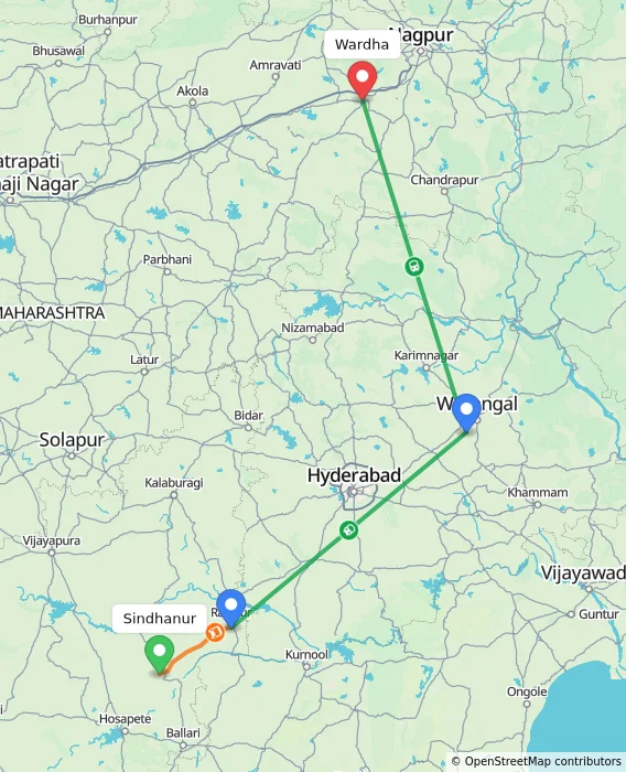 Route map showing distance and travel time from Sindhanur, India to Wardha, India