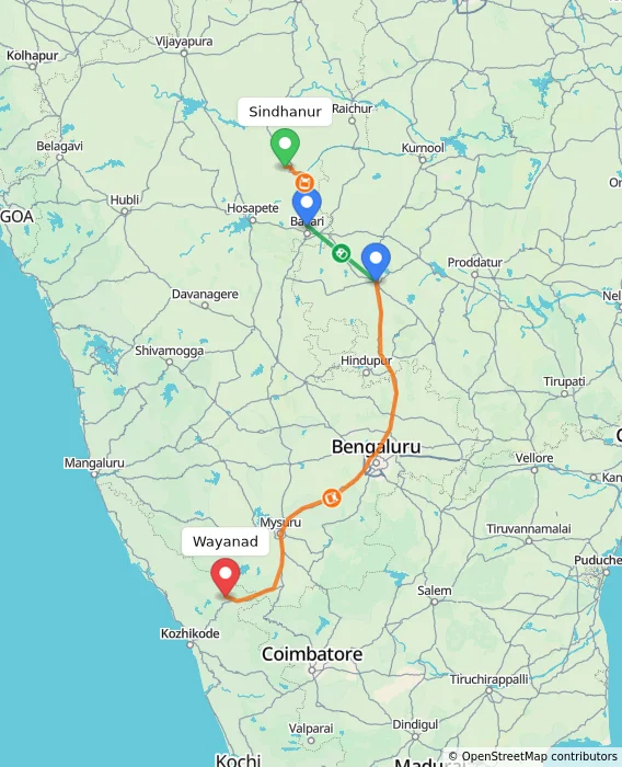 Route map showing distance and travel time from Sindhanur, India to Wayanad, India