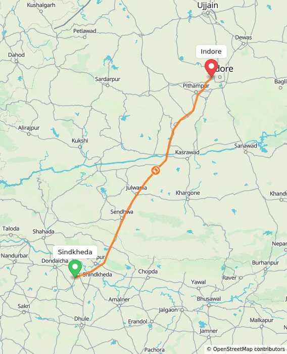 Route map showing distance and travel time from Sindkheda, India to Indore, India
