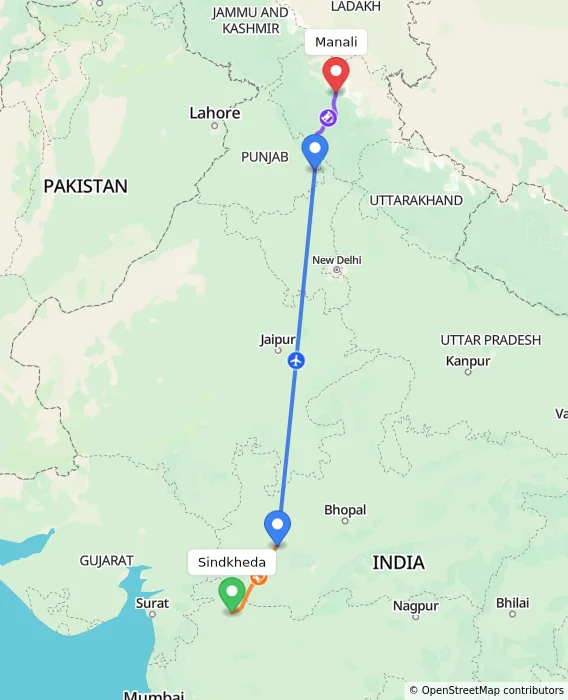 Route map showing distance and travel time from Sindkheda, India to Manali, India