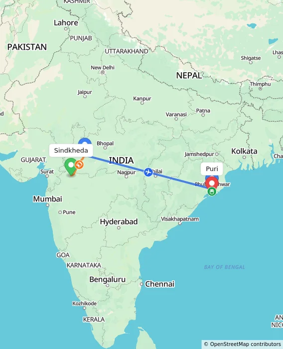 Route map showing distance and travel time from Sindkheda, India to Puri, India