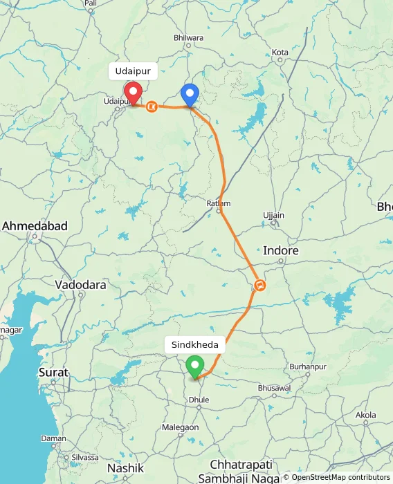 Route map showing distance and travel time from Sindkheda, India to Udaipur, India