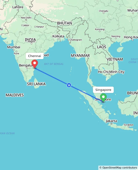 Route map showing distance and travel time from Singapore, Singapore to Chennai, India