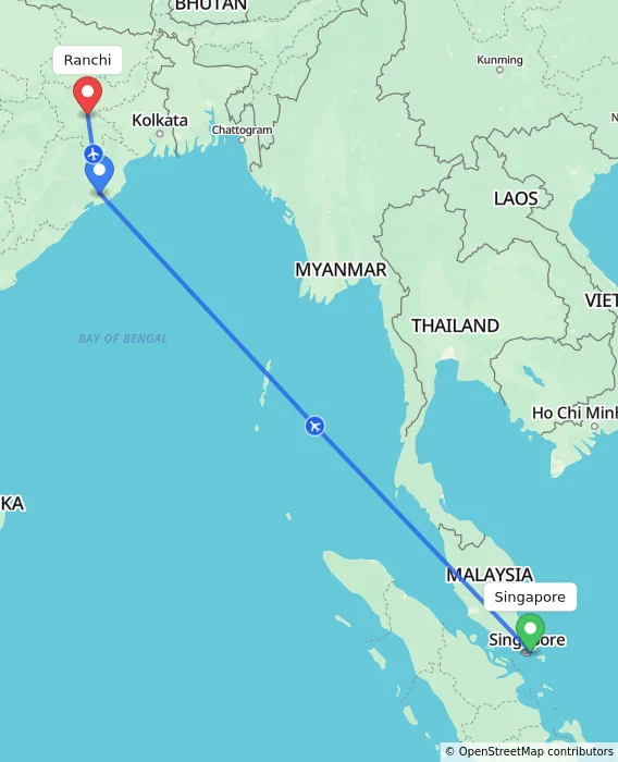 Route map showing distance and travel time from Singapore, Singapore to Ranchi, India