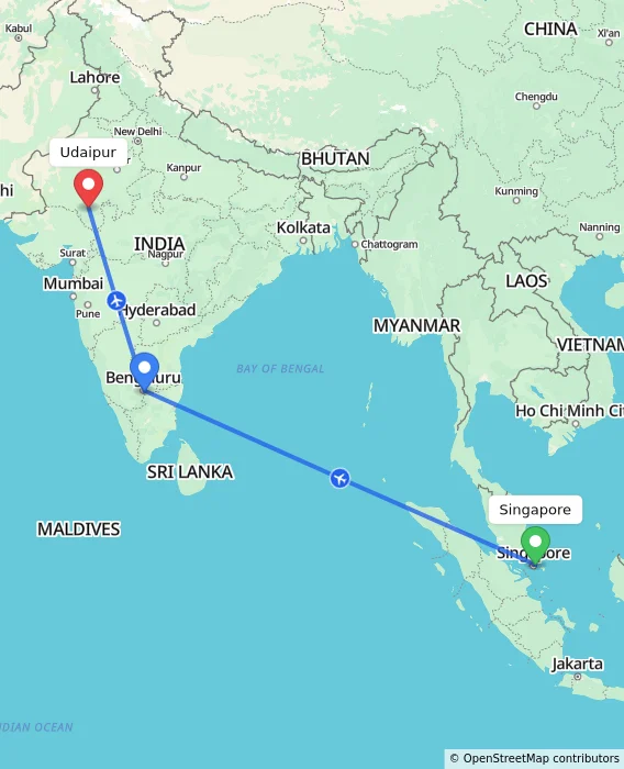 Route map showing distance and travel time from Singapore, Singapore to Udaipur, India