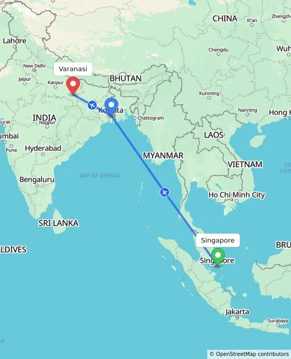 Route map showing distance and travel time from Singapore, Singapore to Varanasi, India