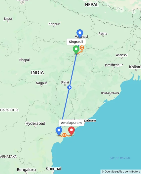Route map showing distance and travel time from Singrauli, India to Amalapuram, India