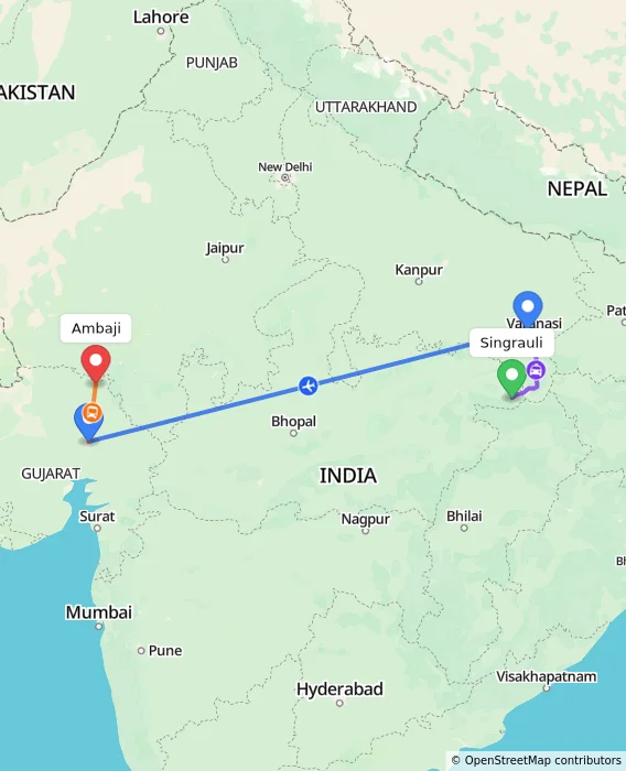 Route map showing distance and travel time from Singrauli, India to Ambaji, India