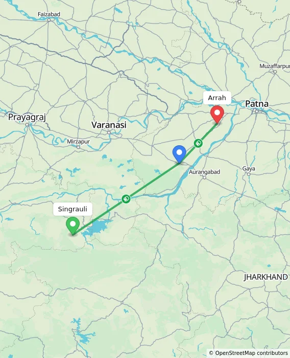 Route map showing distance and travel time from Singrauli, India to Arrah, India