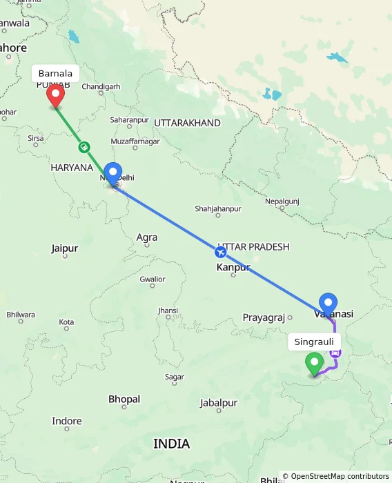 Route map showing distance and travel time from Singrauli, India to Barnala, India
