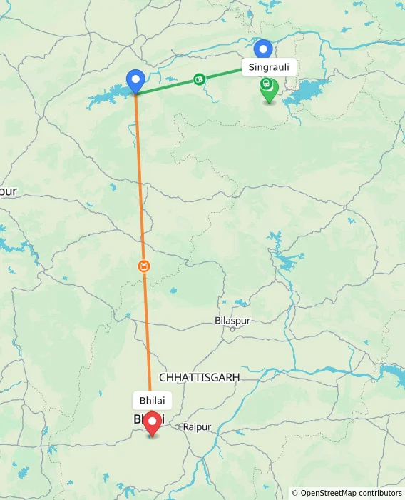 Route map showing distance and travel time from Singrauli, India to Bhilai, India
