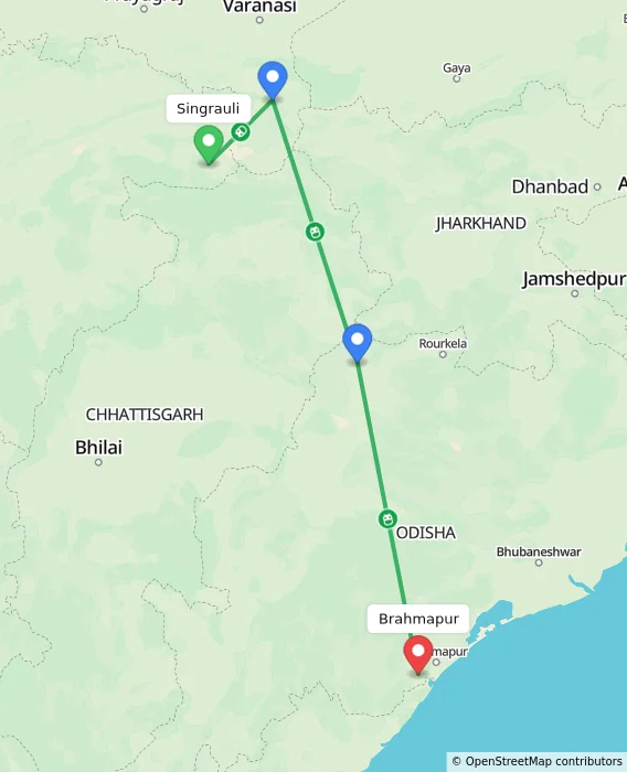 Route map showing distance and travel time from Singrauli, India to Brahmapur, India