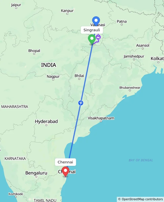 Route map showing distance and travel time from Singrauli, India to Chennai, India
