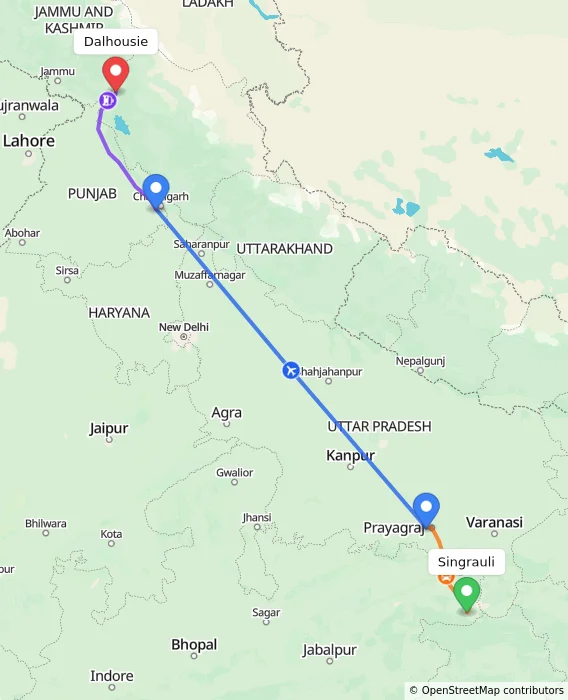 Route map showing distance and travel time from Singrauli, India to Dalhousie, India