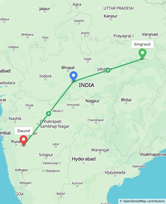 Route map showing distance and travel time from Singrauli, India to Daund, India