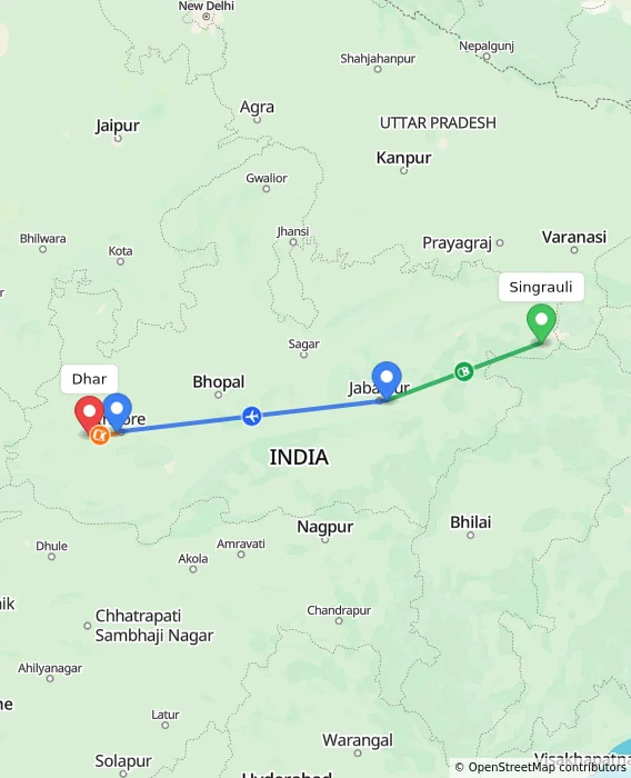 Route map showing distance and travel time from Singrauli, India to Dhar, India