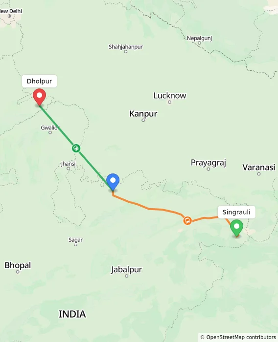 Route map showing distance and travel time from Singrauli, India to Dholpur, India