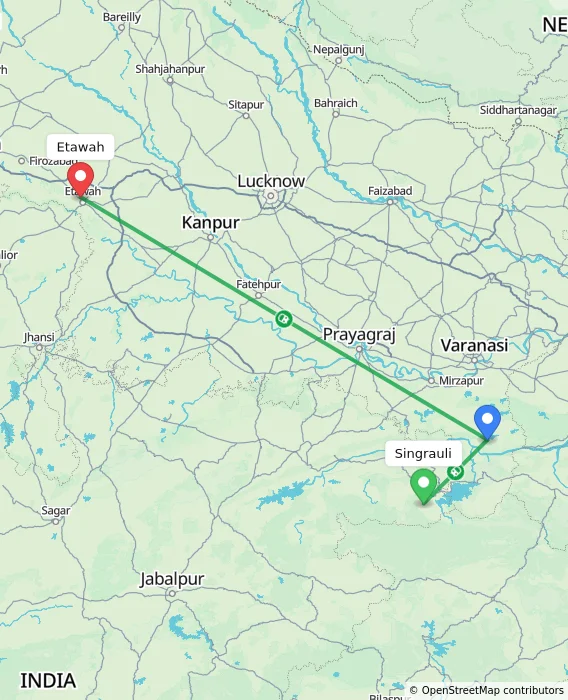 Route map showing distance and travel time from Singrauli, India to Etawah, India
