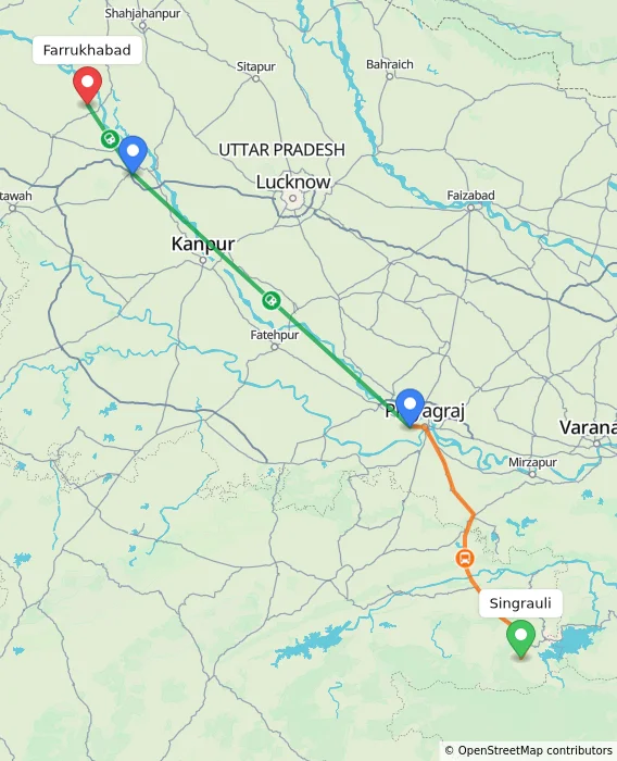 Route map showing distance and travel time from Singrauli, India to Farrukhabad, India