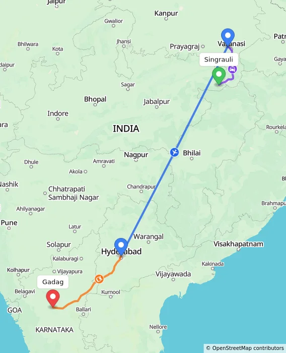Route map showing distance and travel time from Singrauli, India to Gadag, India