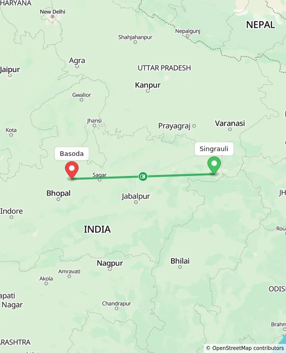 Route map showing distance and travel time from Singrauli, India to Basoda, India