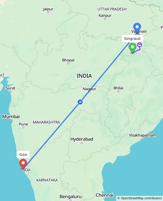 Route map showing distance and travel time from Singrauli, India to Goa, India