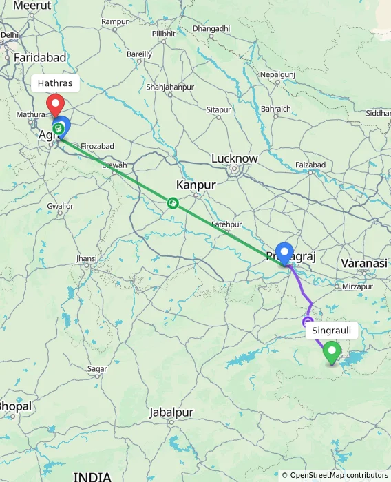 Route map showing distance and travel time from Singrauli, India to Hathras, India