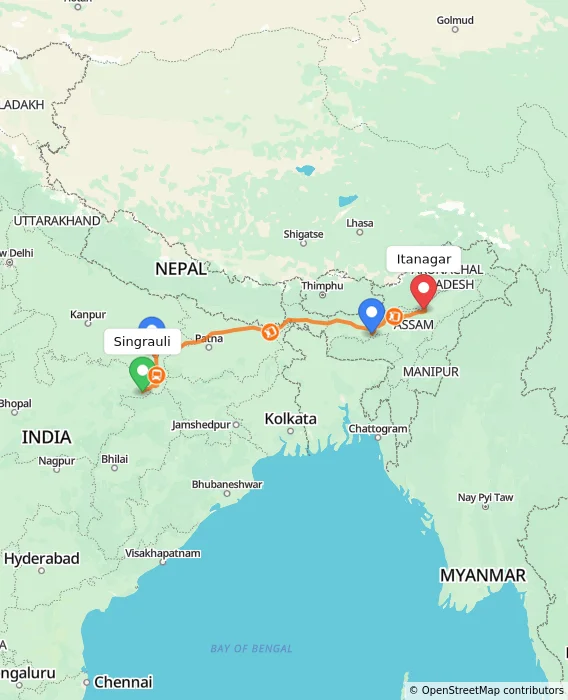 Route map showing distance and travel time from Singrauli, India to Itanagar, India