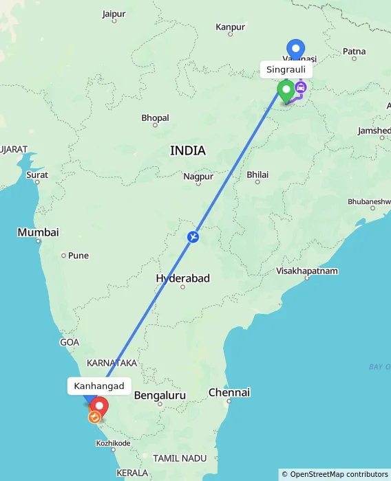 Route map showing distance and travel time from Singrauli, India to Kanhangad, India