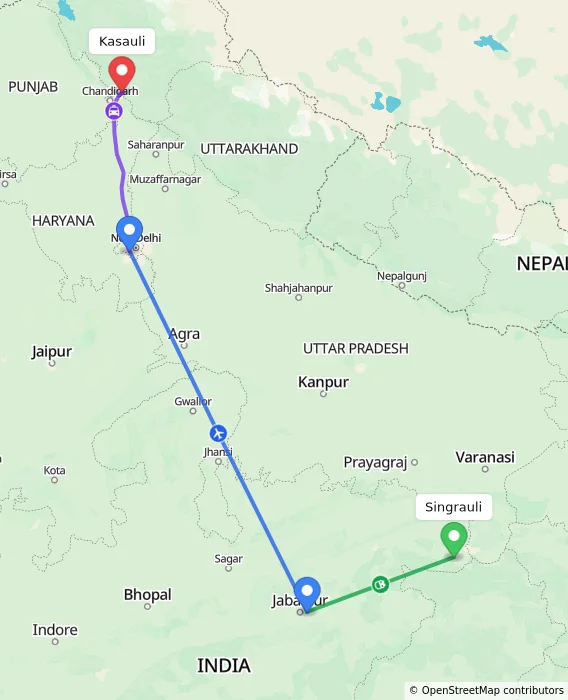 Route map showing distance and travel time from Singrauli, India to Kasauli, India