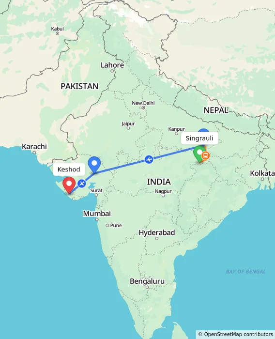 Route map showing distance and travel time from Singrauli, India to Keshod, India