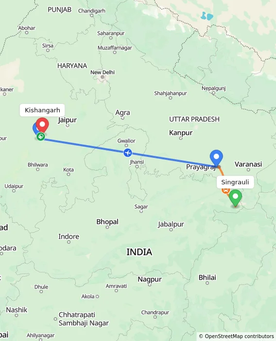 Route map showing distance and travel time from Singrauli, India to Kishangarh, India