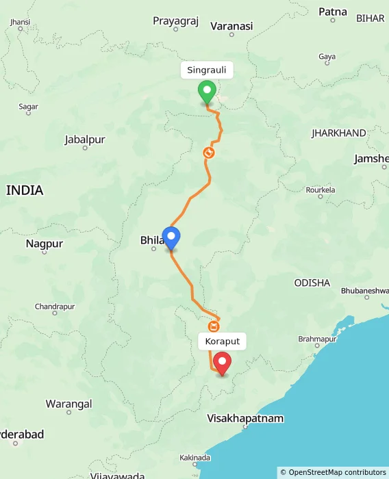 Route map showing distance and travel time from Singrauli, India to Koraput, India