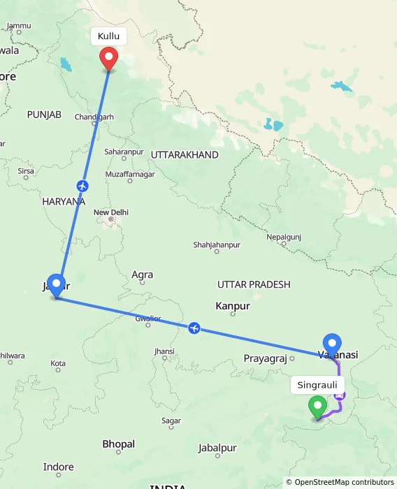 Route map showing distance and travel time from Singrauli, India to Kullu, India
