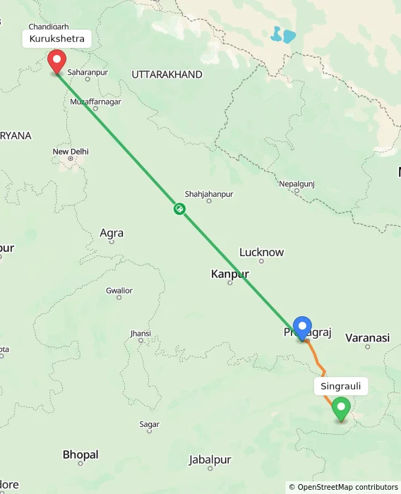 Route map showing distance and travel time from Singrauli, India to Kurukshetra, India