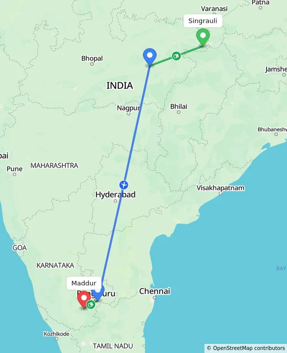 Route map showing distance and travel time from Singrauli, India to Maddur, India