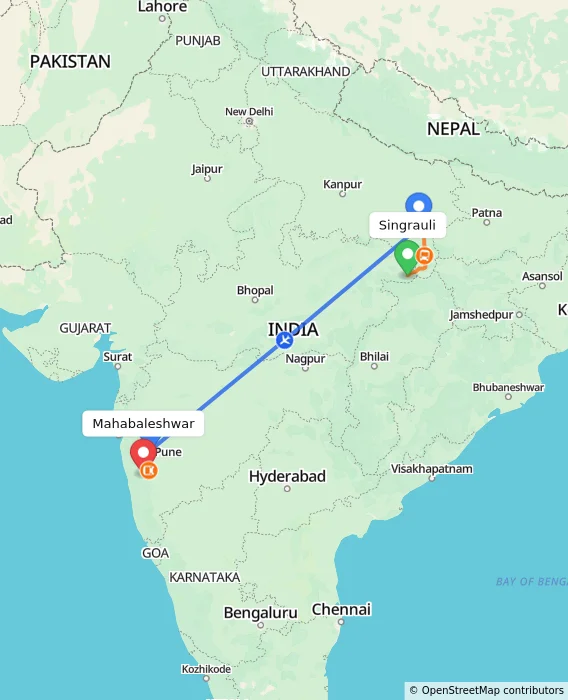 Route map showing distance and travel time from Singrauli, India to Mahabaleshwar, India